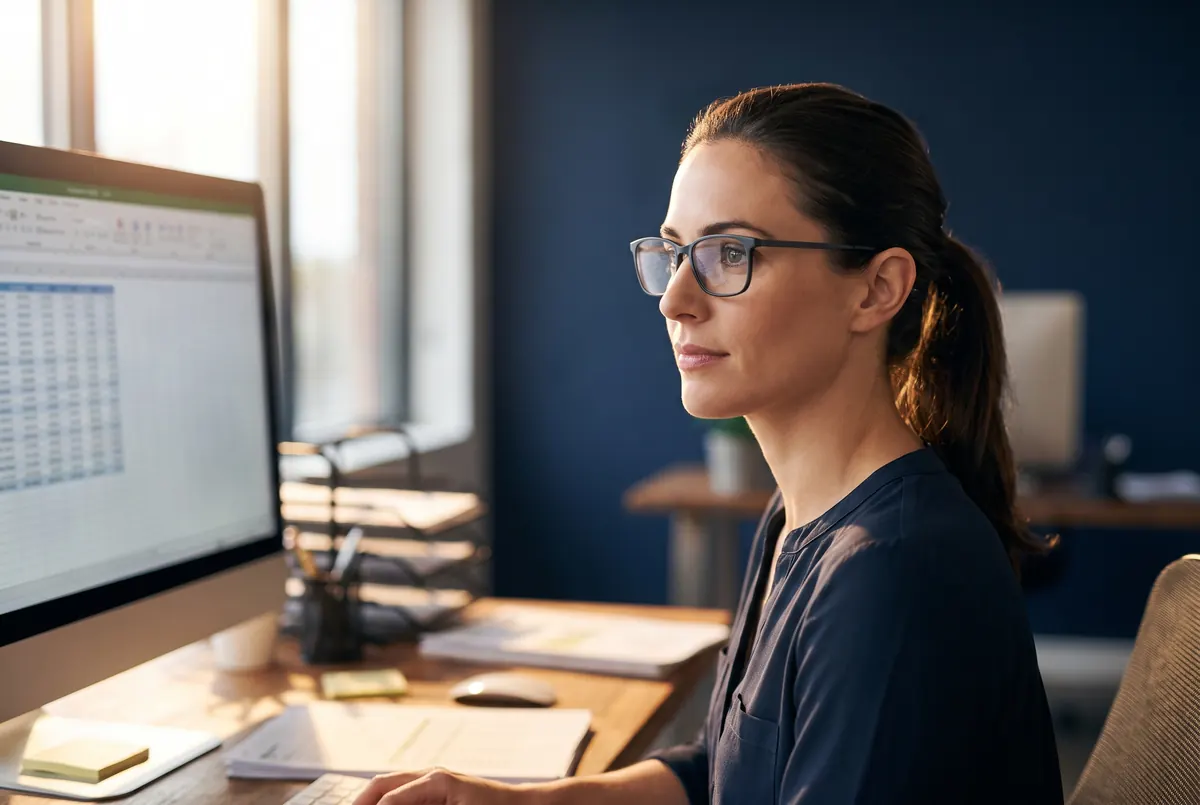 Com lente ocupacional: mesa, papéis e monitor nítidos